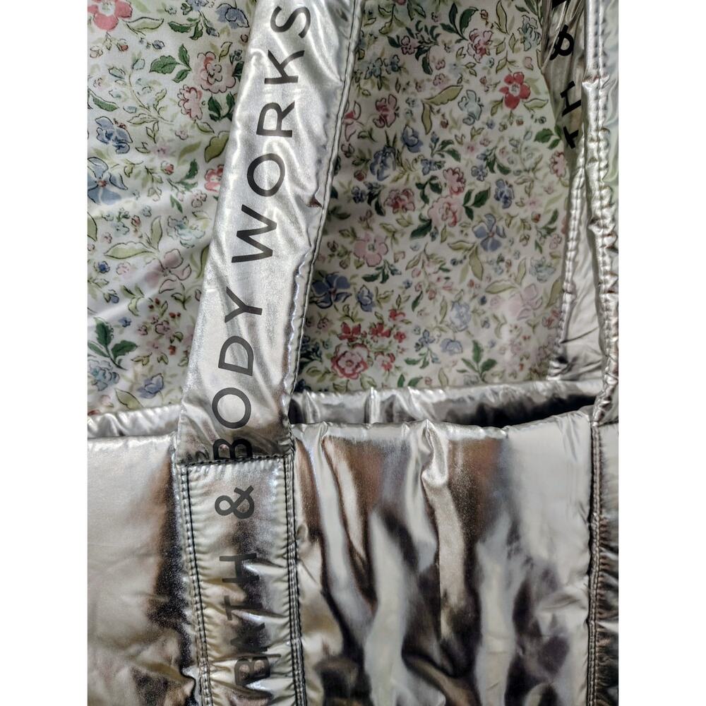 Bath And Body Works Puffy Tote Silver Metallic Bag New Logo NWOT - Picture 2 of 10